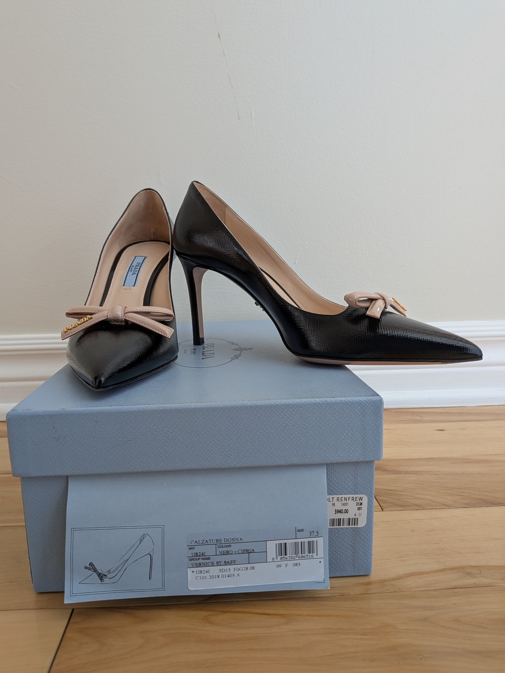 Prada Black Pointed Toe Pumps with Beige Bow - Picture 2 of 3